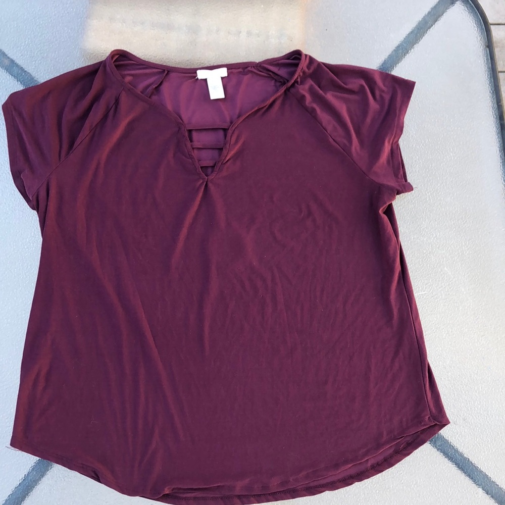Loralette Burgundy Lace Neck Short Sleeve Top